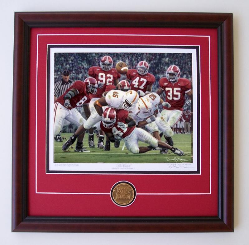 Framed Daniel Moore Alabama Football Prints - Rocky Stop framed with coin